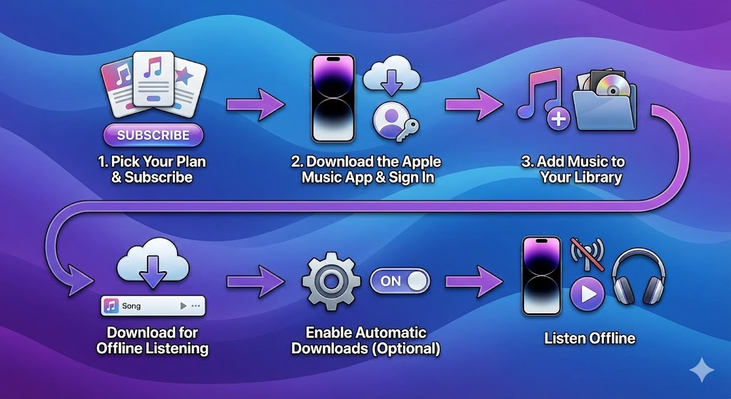 A visual guide to setting up Apple Music: Subscribe to a plan, download the app, add music to your library, download for offline listening, and enable automatic downloads for easy access to your music anytime, anywhere.