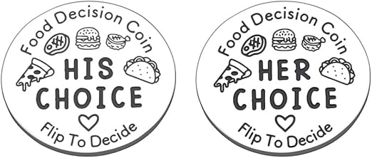 Fun and quirky 'Food Decision Coin' featuring 'His Choice' on one side and 'Her Choice' on the other, a perfect Valentine’s Day gift for couples who can’t decide where to eat