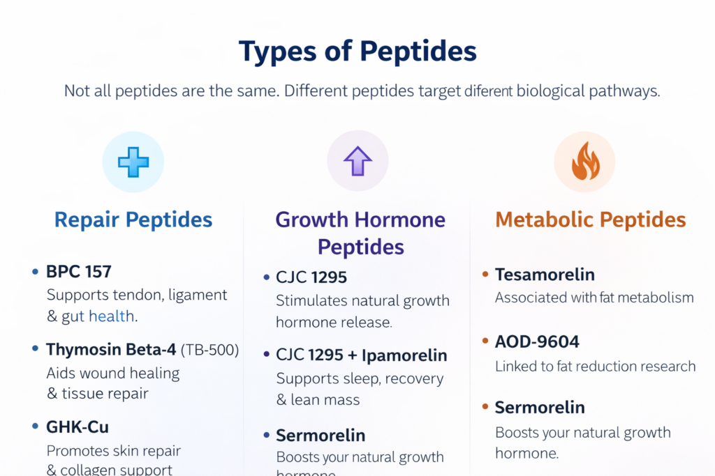 An infographic showing different types of peptides including Repair Peptides (BPC 157, Thymosin Beta-4, GHK-Cu), Growth Hormone Peptides (CJC 1295, CJC 1295 + Ipamorelin, Sermorelin), and Metabolic Peptides (Tesamorelin, AOD-9604). BPC 157 peptide is known for its healing benefits for tendons, ligaments, and gut health. CJC 1295 and Ipamorelin are used for supporting growth hormone release and promoting recovery. Sermorelin aids in boosting natural growth hormones.