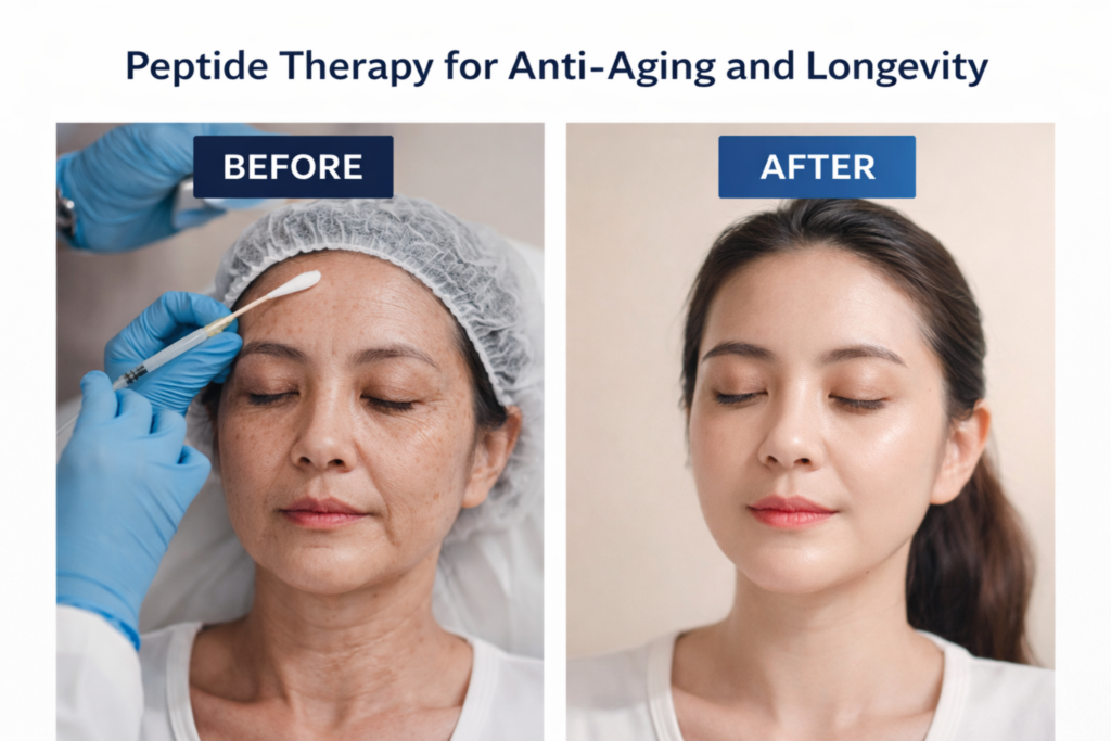 Before and after images showing the effects of peptide therapy for anti-aging and longevity. The treatment, including peptides like Sermorelin, targets skin rejuvenation and collagen production, helping to reduce signs of aging and improve skin texture