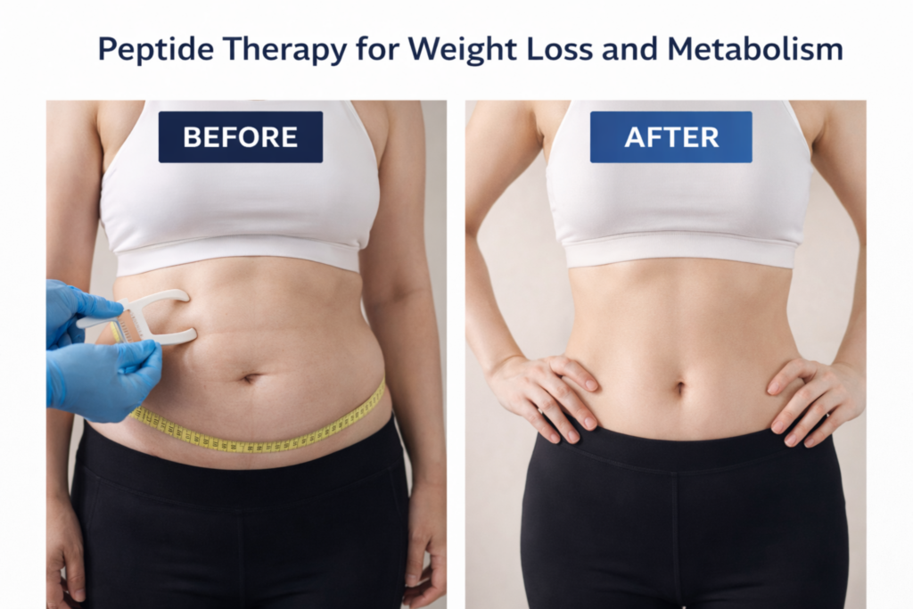 Before and after images showcasing the effects of peptide therapy for weight loss and metabolism. Peptides such as Tesamorelin and AOD-9604 are used to boost fat metabolism, promote fat loss, and enhance overall body composition.