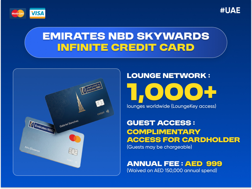 Emirates NBD Skywards Infinite credit card with LoungeKey access to 1000+ airport lounges and travel perks for international travelers.