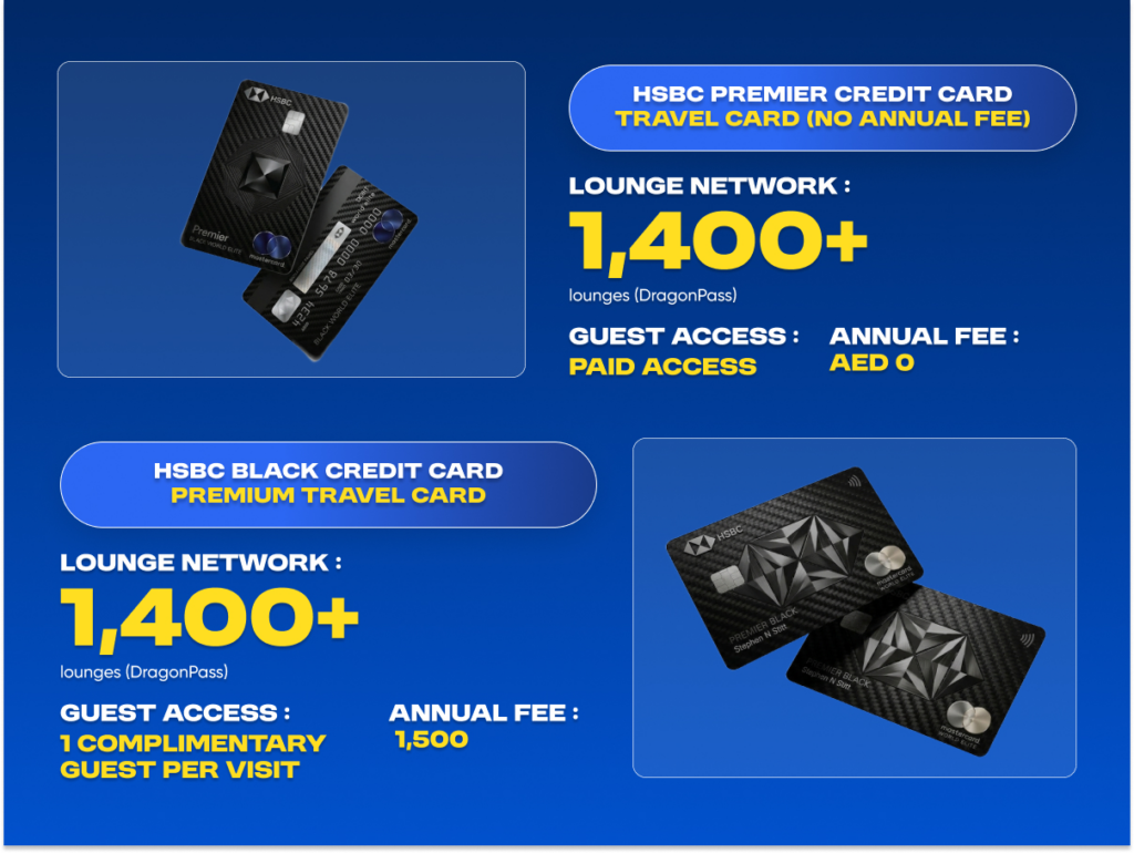 HSBC Premier and HSBC Black credit cards with DragonPass international airport lounge access for travelers in UAE.