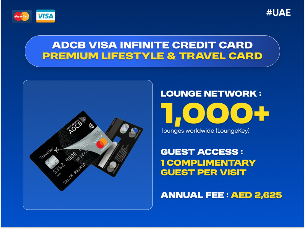 ADCB Visa Infinite credit card with LoungeKey airport lounge access to 1000+ lounges worldwide and premium travel benefits for UAE travelers.