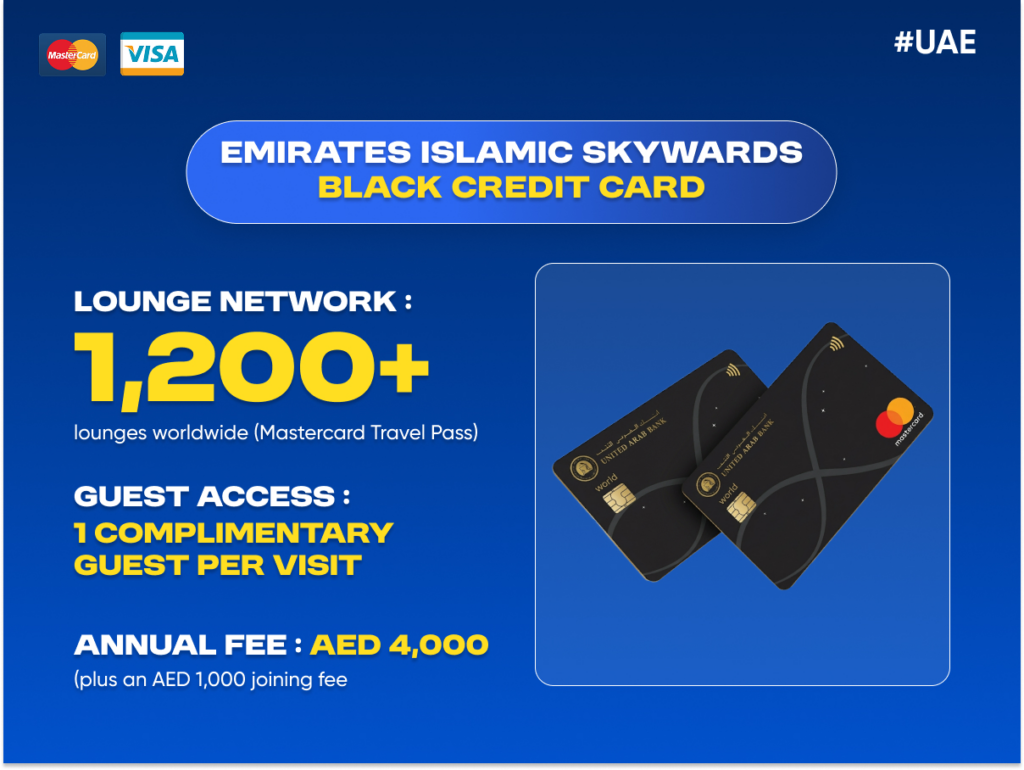 Emirates Islamic Skywards Black credit card offering airport lounge access to 1,200+ lounges worldwide through Mastercard Travel Pass with complimentary guest entry.