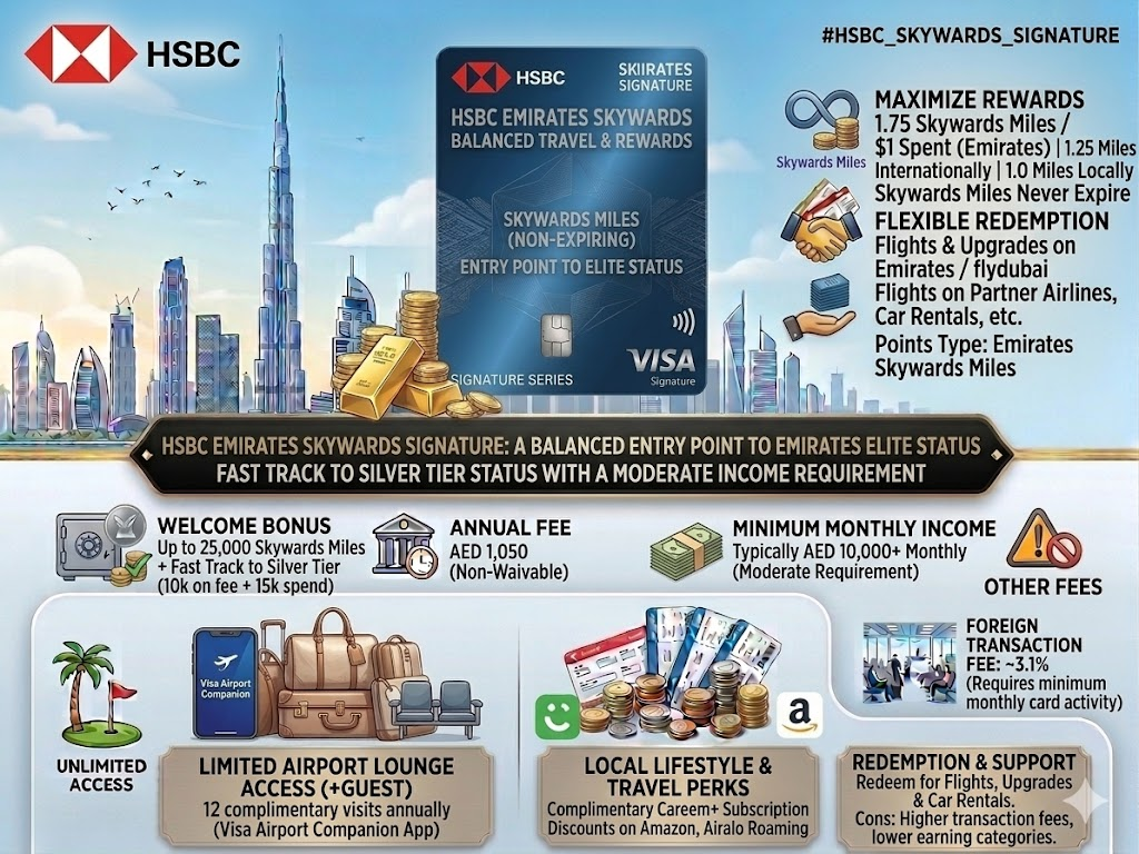 HSBC Emirates Skywards Signature Card overview featuring non-expiring miles, Silver Tier status fast-track, and Careem Plus subscription benefits.