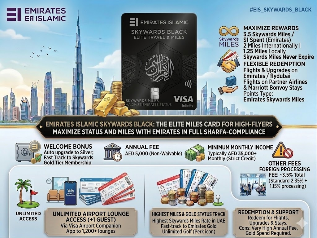 Emirates Islamic Skywards Black Card highlights with fast-track to Emirates Gold status, 3.5 Skywards Miles per dollar, and unlimited golf in UAE.