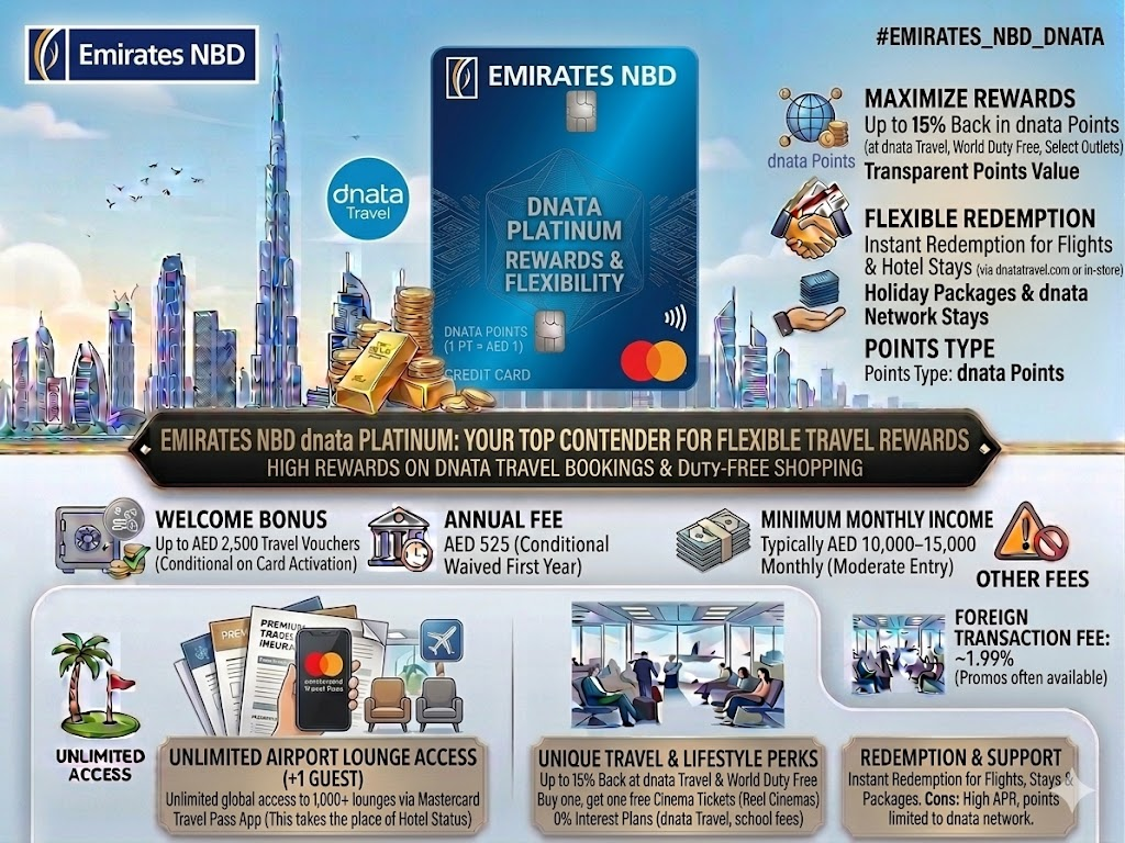 Emirates NBD dnataEmirates NBD dnata Platinum Credit Card info showing 15% back at dnata Travel and Duty Free, AED 2,500 travel vouchers, and Reel Cinema deals.