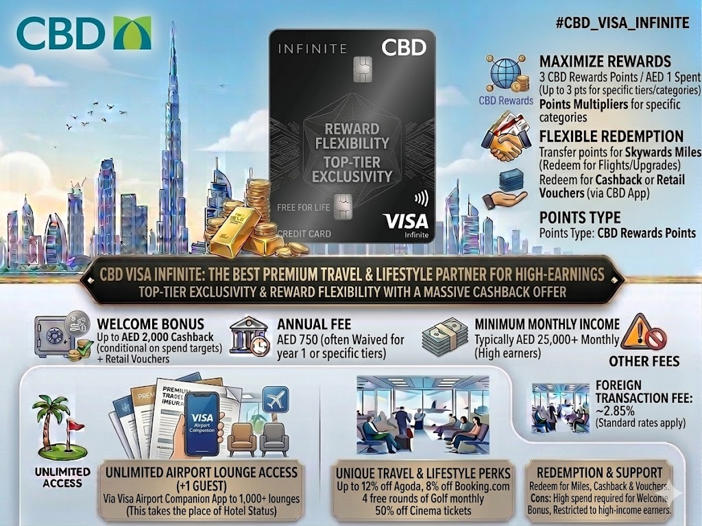 CBD Visa Infinite Credit Card luxury rewards featuring AED 2,000 sign-up bonus, 4 free rounds of golf, and 50% off cinema tickets in UAE.