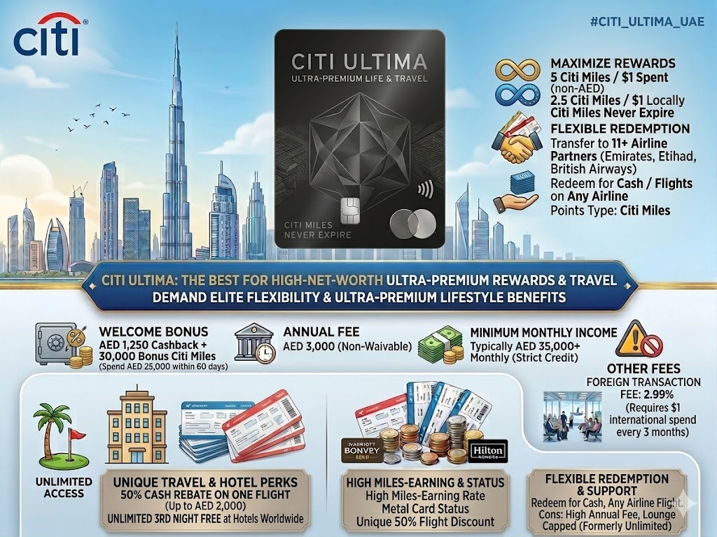 Citi Ultima metal credit card features for high-net-worth individuals, showing 50% flight ticket rebate, 30,000 annual bonus miles, and hotel night deals.