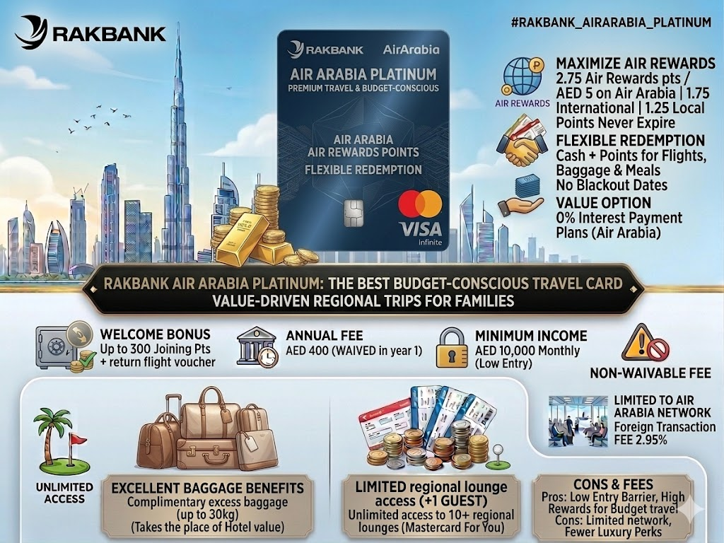 RAKBANK Air Arabia Platinum Credit Card infographic showing 30kg excess baggage benefit, return flight vouchers, and low-cost regional travel rewards.