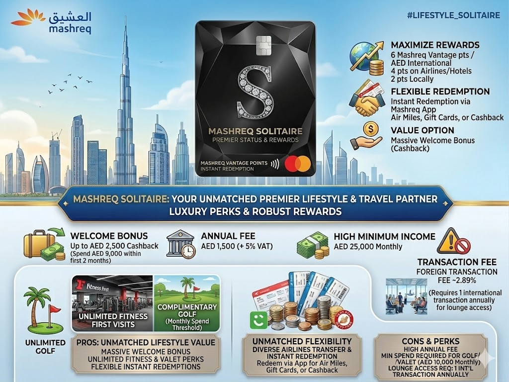 Mashreq Solitaire Credit Card luxury perks infographic featuring AED 2,500 welcome bonus, unlimited Fitness First visits, and 6 Mashreq Vantage points on travel.