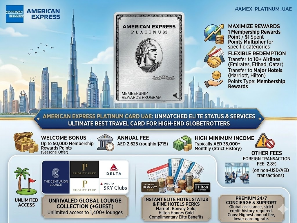 American Express Platinum Card UAE travel benefits including Marriott Bonvoy Gold status, Centurion Lounge access, and global 24/7 concierge services.