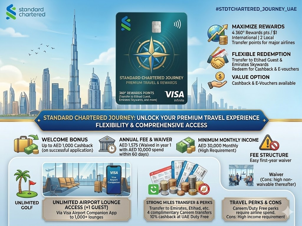 Standard Chartered Journey Credit Card features including 1,000+ airport lounge access via Visa, AED 1,000 cashback, and air miles transfer to Emirates Skywards.