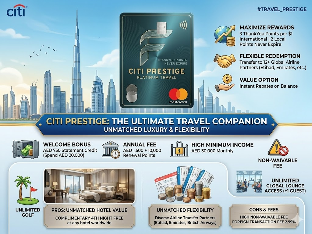 Citi Prestige Credit Card in UAE showing 4th night free hotel benefit, AED 750 welcome bonus, and unlimited lounge access with one guest.