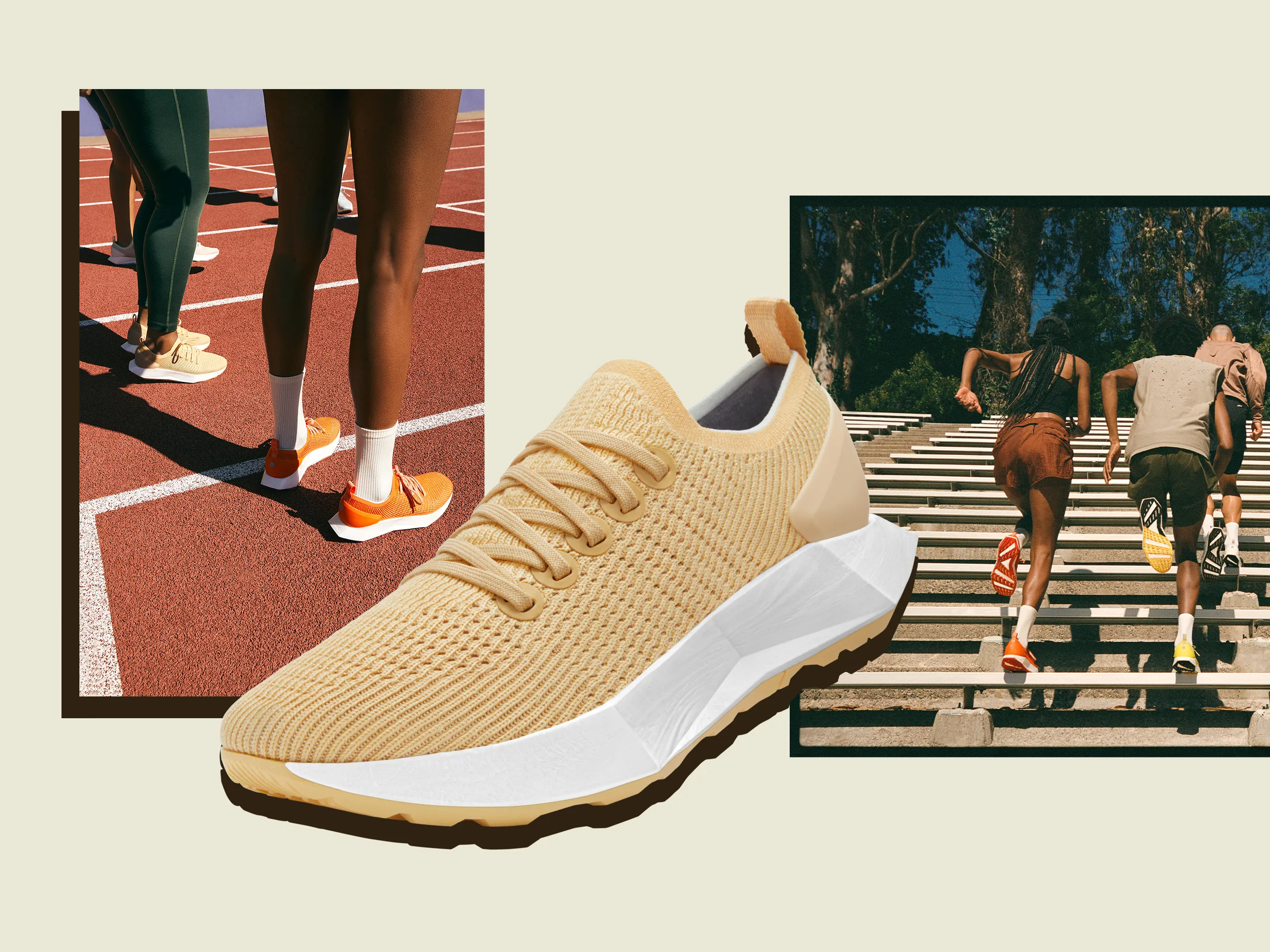 A promotional collage featuring beige knit running shoes. The background includes runners on a track and stairs, showcasing the shoes in action.