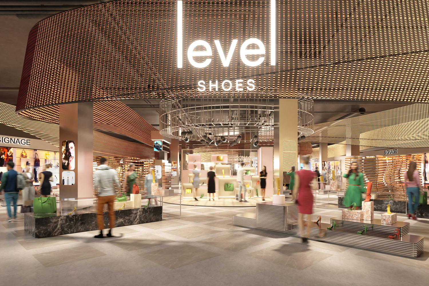 A luxurious Level Shoes store with an illuminated sign, modern décor, and stylish displays of high-end footwear. Shoppers are browsing various designer collections.