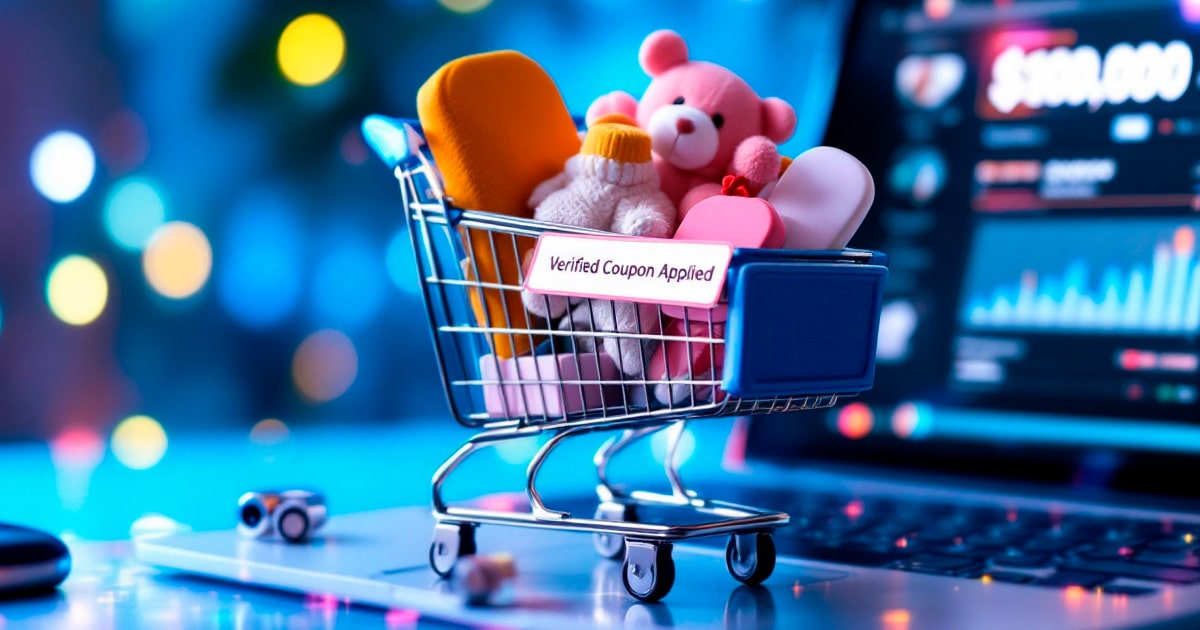 Mini shopping cart filled with toys and gifts, displaying 'Verified Coupon Applied' tag, placed on a laptop