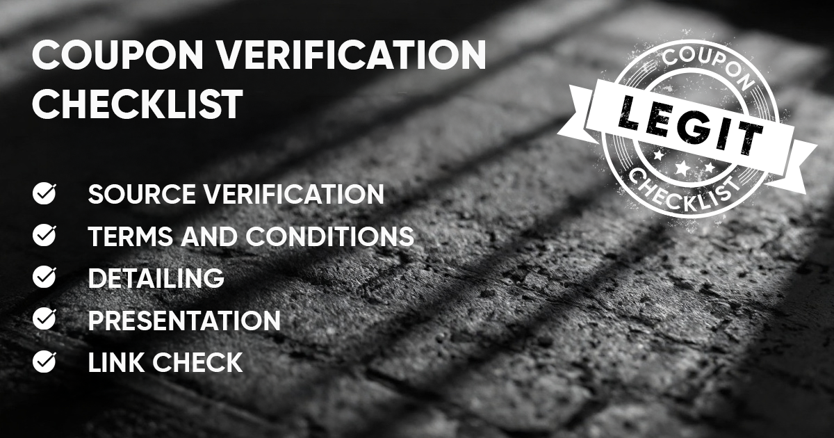 Coupon verification checklist with tips like source verification, terms and conditions, detailing, presentation, and link check highlighted with a 'Legit' stamp.