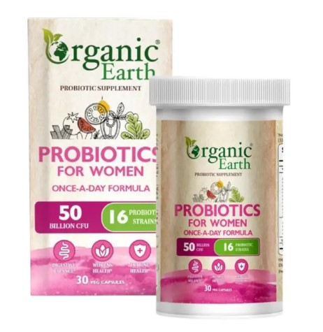 Organic Earth Probiotics for Women 50 Billion capsules, a clean, vegan, shelf-stable probiotic for women in the UAE. Features 16 diverse strains including La-14, HN001, L. reuteri, and L. fermentum for gut health, vaginal balance, skin clarity, and immune and respiratory support. A top choice for women seeking a holistic, gluten-free probiotic supplement for overall wellness.