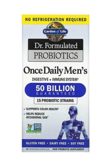 Bottle of Garden of Life Dr. Formulated Once Daily Men’s 50 Billion capsules, a shelf-stable probiotic supplement specifically for men in the UAE. Contains 15 raw strains of Lactobacilli and Bifidobacteria with organic whole food prebiotic fiber for gut, immune, and colon health. An excellent daily probiotic supplement for adults with active, on-the-go lifestyles.