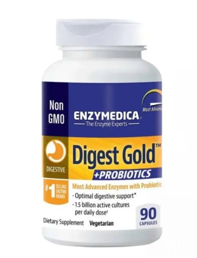 Enzymedica Digest Gold + Probiotics 90 capsules, a dual-action supplement combining powerful digestive enzymes with 1 Billion CFU of probiotics for gut and immune balance. Ideal for adults in the UAE seeking relief from bloating and gas after meals, supporting nutrient absorption and overall digestive comfort. This product showcases the health benefits of probiotic supplements combined with digestive aid.