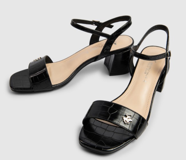 Black textured mid block office heeled sandal with ankle loop – block heel sandals and comfortable heels for work