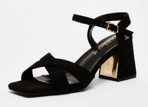 Black wide-fit faux suede block heel office heeled sandal with metallic accent and rhinestone trims – block heel sandals for women