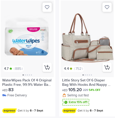 WaterWipes and Diaper Bag in noon uae, eligible for discount 